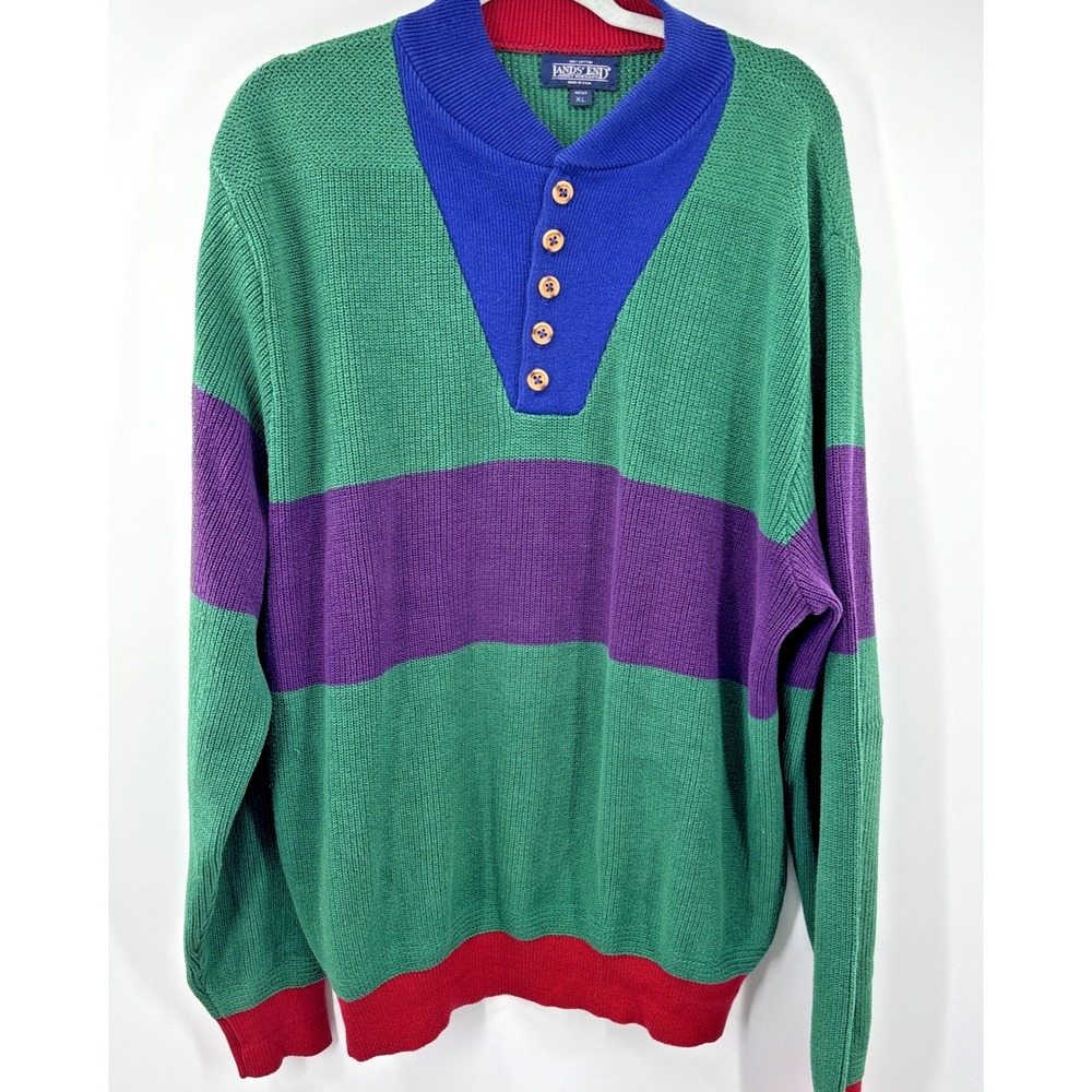 Vintage Lands End Color Block Sweater XL‎ buttons Henley USA Cotton Green 80's